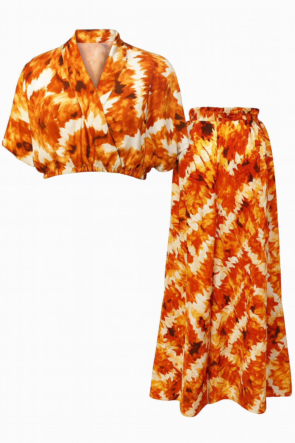 Golden flames Tie-dye set - chic crop top & wide leg pants